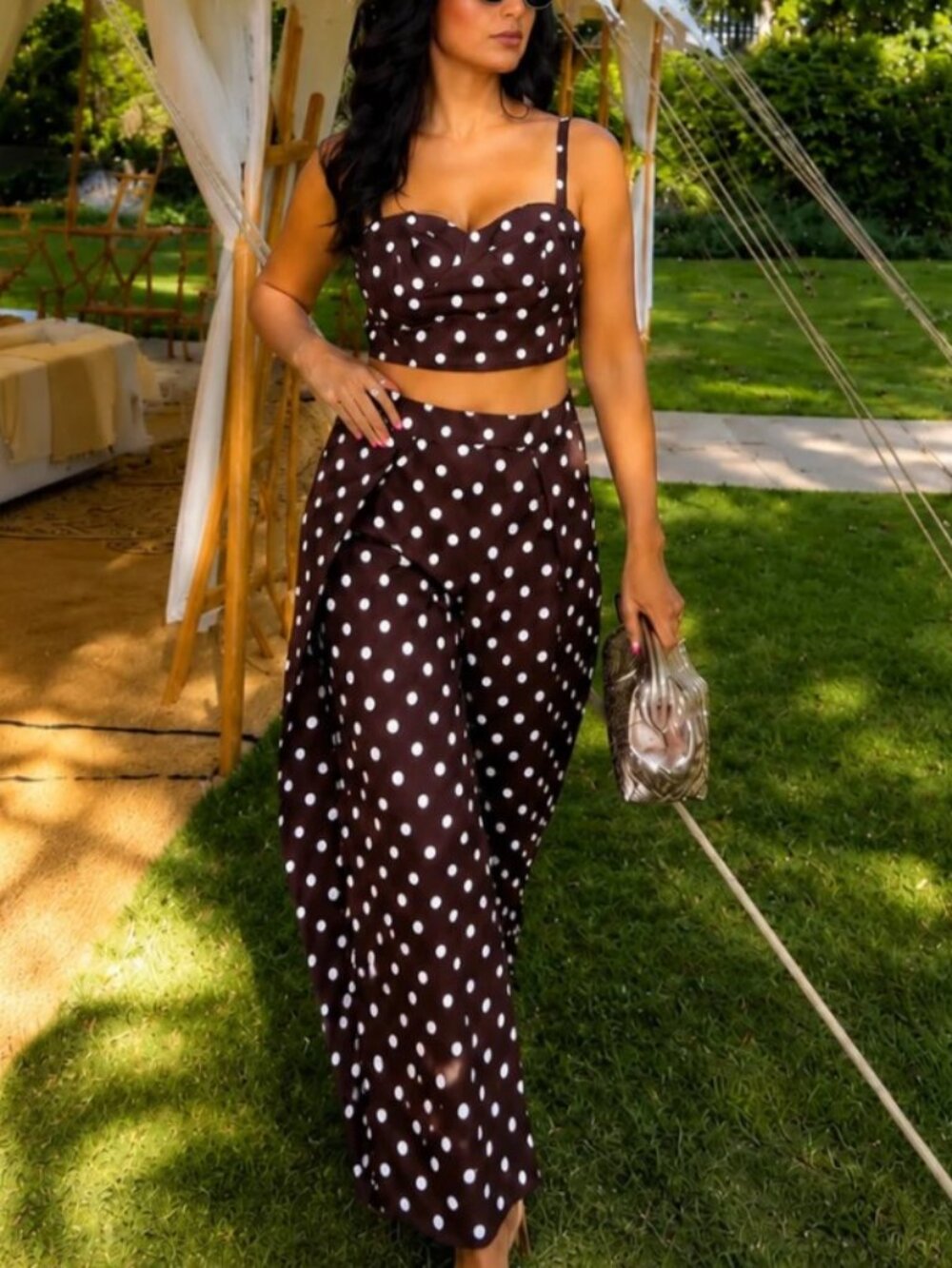 NWT Commense Brown Polka Dot Cami Top and Pants Set - Picture 2 of 8